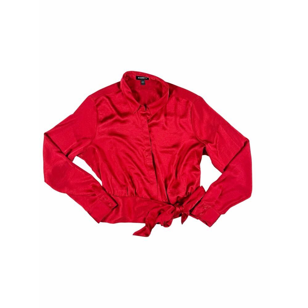 Express Portofino Red Satin Tie Front Button-Up Blouse Women’s Large Holiday - Picture 4 of 13